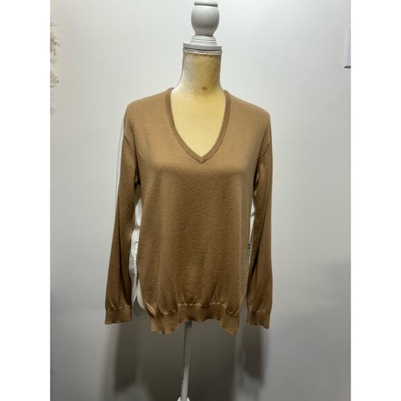Tibi Merino Wool Sweater Shirt Combo V-neck Pullover Size XS Tan/ White - Picture 4 of 10